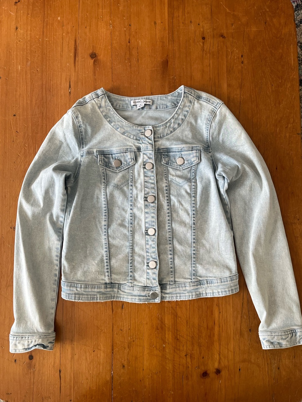 Tribal Jeans Collarless Light Wash Distressed Stretch Denim Jean Jacket